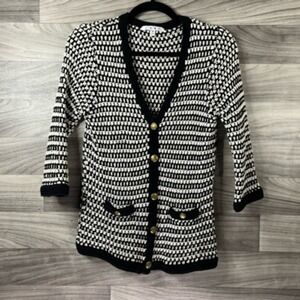 Cabi Womens Cardigan Sweater Black Stripe 3/4 Sleeve V Neck Tight Knit Pockets M